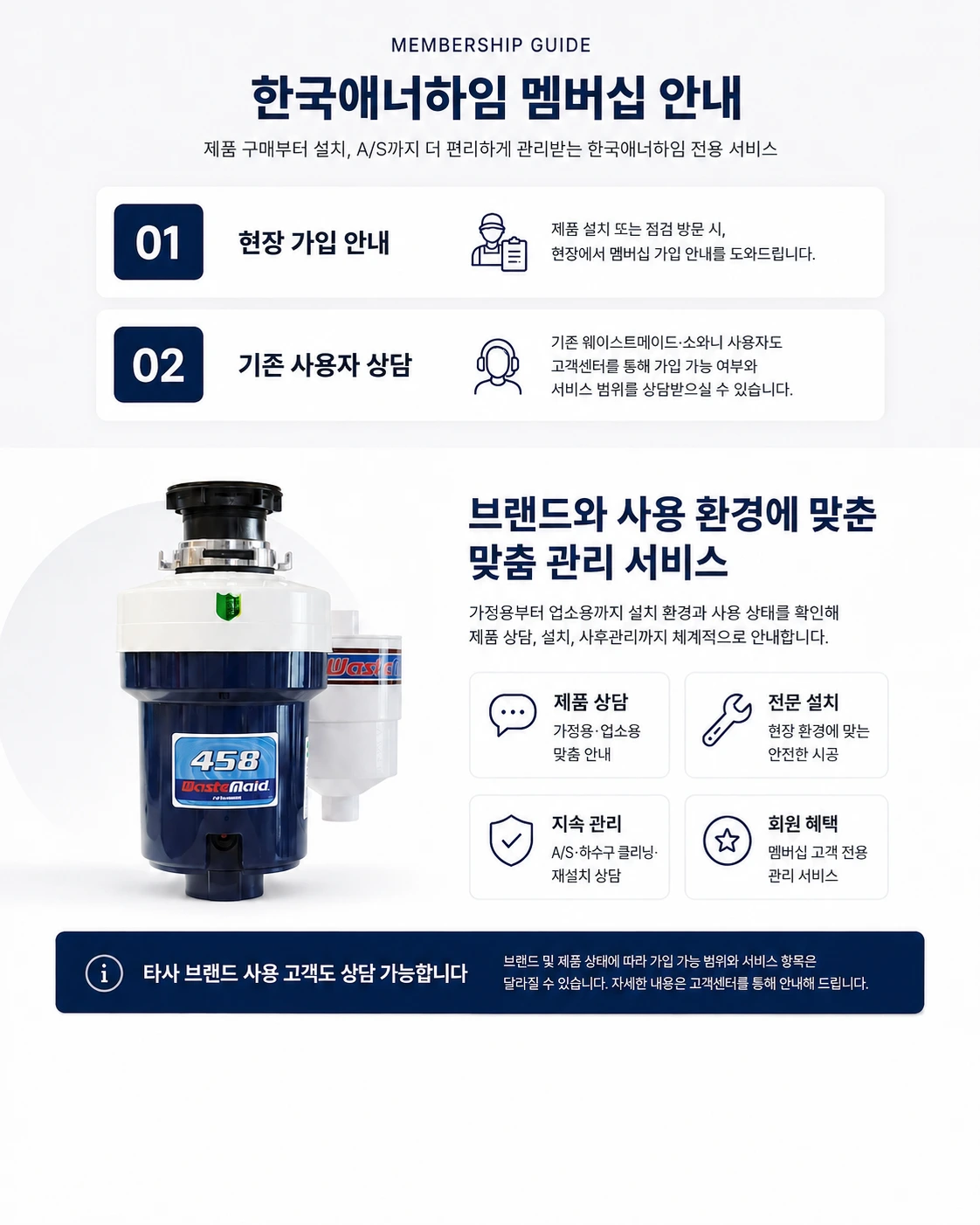 한국애너하임 멤버십의 현장 가입 안내, 기존 사용자 상담, 제품 상담, 전문 설치, 지속 관리, 회원 혜택 및 타사 브랜드 상담 가능 여부와 가입 문의 전화번호 1899-7078을 안내하는 이미지입니다.